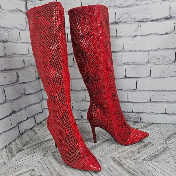 RED POINTED TOE Knee High BOOTS Womens 9.5 HEELS Faux Snakeskin Sexy New - Picture 1 of 16